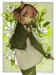 1girl animal_ears asakura_neko backlighting black_choker black_gloves black_hair black_jacket black_pants cat_ears character_name choker clothing_cutout commentary_request cowboy_shot cytus cytus_ii fake_animal_ears fingerless_gloves floral_background glove_cutout gloves green_background grey_shirt highres jacket long_sleeves looking_at_viewer multicolored_hair outside_border pants pantyhose pink_eyes pink_hair shanshan_faguang_de_cainiao shirt short_hair solo torn_clothes torn_pants two-tone_hair watermark weibo_watermark 