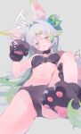  1girl absurdres animal_ear_fluff animal_ears animal_hands black_bra black_choker black_panties blush bra breasts cameltoe cat_cutout cat_ear_panties choker cleavage_cutout clothing_cutout colored_inner_hair commentary cowboy_shot drooling frilled_bra frills fur_choker gloves gradient_fur green_eyes green_hair green_streaks grey_background grey_hair heart heart-shaped_pupils highres knee_up long_hair lying multicolored_hair navel on_back open_mouth original panties paw_gloves paw_shoes peacock_feathers_hair_ornament simple_background small_breasts solo sound_effects stomach streaked_hair sweatdrop swept_bangs symbol-shaped_pupils teoskyrios two-tone_hair underwear very_long_hair 