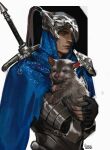  1boy absurdres aged_down animal armor artorias_the_abysswalker black_gloves black_hair blue_eyes breastplate closed_mouth commentary cowl dark_souls_(series) dark_souls_i english_commentary fingerless_gloves gauntlets gloves great_grey_wolf_sif helm helmet highres holding holding_animal male_focus pauldrons shoulder_armor signature single_pauldron sword sword_on_back weapon weapon_on_back wolf yen_(yenyenyen19) 
