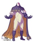  1boy absurdres bodysuit boots cape cloak commentary_request full_body gloves grin highres hood hooded_cape knee_boots male_focus mask official_art ootsuka_shin'ichirou personification purple_cape purple_gloves re:zero_kara_hajimeru_isekai_seikatsu second-party_source simple_background smile solo standing white_background white_bodysuit wolf_(re:zero) 