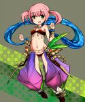  1girl ass_visible_through_thighs bikini blue_shawl commentary_request covered_nipples dancer_(sekaiju) dancer_2_(sekaiju) earrings green_eyes hands_up jewelry leaf long_hair navel open_mouth pants pink_hair purple_pants red_bikini sekaiju_no_meikyuu sekaiju_no_meikyuu_4 shawl smile solo swimsuit teeth twintails upper_teeth_only zibun_owl 