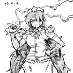  1girl bandaged_arm bandages blood blood_on_clothes blood_on_face bow braid breasts chenwei_jun chinese_commentary clenched_hands commentary_request covering_one_eye cowboy_shot dated dirty dirty_face greyscale hair_bow half-closed_eye hand_on_own_hip hat hat_ornament highres hong_meiling large_breasts long_hair monochrome shirt sketch skirt solo star_(symbol) star_hat_ornament touhou twin_braids vest white_background 