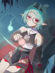  1girl aaaaaria26722 absurdres bare_shoulders black-framed_eyewear black_hairband black_shirt black_shorts blue_background closed_mouth commentary cowboy_shot detached_sleeves glasses hair_ornament hairband hairclip high-waist_shorts highres holding holding_lantern lantern looking_at_viewer pointy_ears red_eyes roxy_ifrita_pryce scar scar_on_shoulder shirt shorts solo untranslatable_commentary zenless_zone_zero 