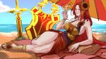  1girl absurdres beach beach_mat beach_umbrella breasts dantehoe9574 drink flower highres holding holding_drink large_breasts league_of_legends leona_(league) looking_at_viewer lying on_side planted planted_shield planted_sword pool_party_(league) pool_party_leona red_hair sandals shade sideboob sunflower swimsuit sword thighs umbrella weapon 