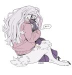  2girls animal_ears artist_name bang_dream! bang_dream!_yumemita commentary dress fuji_miyako furrification furry furry_female furry_with_non-furry grey_hair guagua977 hair_over_eyes highres hug interspecies long_hair medium_hair miyanaga_nonoka multiple_girls purple_hair rabbit_ears rabbit_girl rabbit_tail scared sharp_teeth simple_background size_difference speech_bubble sweater tail tears teeth tongue tongue_out translation_request untranslatable_commentary white_background yuri 