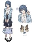  1girl :< ankle_socks bag bar_censor belt belt_buckle black_shoes black_skirt blue_cardigan blue_eyes blue_hair buckle cardigan censored closed_mouth collared_shirt commentary dog empty_eyes english_commentary frown full_body grumpy highres holding holding_bag kiritani_haruka long_sleeves looking_at_viewer mary_janes medium_skirt middle_finger multiple_views open_cardigan open_clothes pleated_skirt project_sekai puffy_long_sleeves puffy_sleeves school_uniform shirt shoes short_hair skirt smile socks standing swept_bangs sxz3a tears tears_from_one_eye thai_school_uniform white_shirt white_socks 