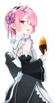  1girl absurdres apron commentary hair_over_one_eye highres holding maid maid_apron maid_headdress noah0912345 open_mouth pink_eyes pink_hair ram_(re:zero) re:zero_kara_hajimeru_isekai_seikatsu simple_background solo untranslatable_commentary white_background 