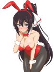  1girl animal_ear_hairband animal_ears bent_over between_legs black_hair black_pantyhose blue_eyes bow bowtie breasts cleavage commentary_request detached_collar fake_animal_ears hairband hand_between_own_legs hata_(pixiv10403940) highres infinite_stratos large_breasts leaning_forward leotard pantyhose playboy_bunny rabbit_ears rabbit_tail red_bow red_bowtie red_leotard shinonono_houki simple_background solo split_ponytail strapless strapless_leotard tail white_background wrist_cuffs 