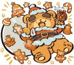  1boy animal_crossing bear_boy brown_fur closed_eyes commentary fur-trimmed_jacket fur_trim furry furry_male hamunosuke_(buta5kawa) hat highres holding holding_sack jacket male_focus open_mouth sack santa_hat smile teddy_(animal_crossing) thick_eyebrows translation_request 