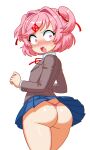  1girl :o absurdres accidental_exposure ass ass_focus blazer blue_skirt blush doki_doki_literature_club doki_doki_literature_club_school_uniform flat_chest grey_jacket hair_intakes hair_ornament hair_ribbon highres jacket miniskirt mochi_(somniserotonin) natsuki_(doki_doki_literature_club) nose_blush panties pink_eyes pink_hair pink_panties pleated_skirt red_ribbon ribbon school_uniform short_hair simple_background skirt solo sweatdrop swept_bangs thong thong_panties twisted_torso two_side_up underwear white_background x_hair_ornament 