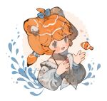  1girl ahoge animal_ear_fluff blue_bow blue_eyes blush bow clownfish colored_tips commentary fish floating frilled_shirt_collar frills hair_bow heart highres jewelry littlebluemuffin long_sleeves medium_hair multicolored_hair necklace open_mouth orange_hair original puffy_long_sleeves puffy_sleeves smile spaghetti_strap striped_hair thick_eyebrows untranslatable_commentary upper_body watermark white_background 
