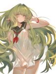  1girl adjusting_hair areola_slip armpits bare_shoulders black_sailor_collar blush breasts closed_mouth commentary covered_nipples cowboy_shot earrings green_hair green_shirt hair_intakes highres jewelry korean_commentary long_hair looking_at_viewer medium_breasts mirae283 neckerchief original red_neckerchief sailor_collar shirt simple_background sleeveless sleeveless_shirt solo white_background white_sleeves yellow_eyes 
