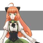  1girl absurdres ahoge black_bow black_gloves black_ribbon bow closed_mouth commentary curly_hair eyelashes freckles gloves glowing green_eyes green_skirt grey_background hair_bow highres juliet_sleeves long_hair long_sleeves looking_at_viewer magelittlehat neck_ribbon orange_hair penny_polendina power_symbol puffy_sleeves ribbon rwby shirt simple_background skirt smile solo suspenders two-tone_background upper_body white_background white_shirt 