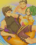  1girl 2boys alcor_(re:zero) ball bare_shoulders beachball bikini black_hair blue_eyes covered_navel green_hair grin hair_slicked_back halterneck highres innertube looking_at_viewer male_swimwear multiple_boys natsuki_subaru partially_submerged pectorals pointy_ears ponytail pool re:zero_kara_hajimeru_isekai_seikatsu re:zero_kara_hajimeru_isekai_seikatsu:_lost_in_memories short_hair shorts sleeveless slothfulonie smile swim_ring swim_trunks swimsuit tisera_(re:zero) topless_male v v_over_eye visor_cap water yellow_eyes 
