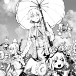  6+girls ascot blush bow cape capelet chenwei_jun chinese_commentary cirno cloud collared_shirt commentary_request daiyousei fairy fairy_wings field flower flower_field flying greyscale hair_bow hair_ribbon hat holding holding_hands holding_umbrella kazami_yuuka lily_white long_sleeves medicine_melancholy medium_hair monochrome multiple_girls open_mouth parasol parted_lips plaid_clothes plaid_vest ponytail profile ribbon shirt short_hair shorts side_ponytail sketch skirt smile sunflower sunflower_field teeth touhou umbrella upper_teeth_only vest wings wriggle_nightbug 