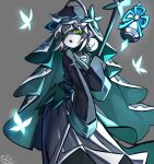  1girl absurdres bug butterfly colored_skin commentary_request double_bun dress eguizhendebue green_eyes hair_bun highres holding holding_staff lantern open_mouth original sleeves_past_wrists solo staff sweat veil white_hair white_skin 
