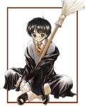  1boy black_hair broom child glasses green_eyes harry_potter harry_potter_(series) hogwarts_school_uniform necktie school_uniform shirt smile white_shirt wizarding_world yukipon 