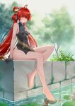  1girl absurdres alternate_costume barefoot black_dress black_gloves blush breasts chinese_clothes commentary_request dongyun_hua dress gloves hair_bun highres legs long_hair looking_at_viewer medium_breasts no_panties qipao red_eyes red_hair short_hair sitting solo suoming_(wuthering_waves) symbol-shaped_pupils thighs very_long_hair wuthering_waves 