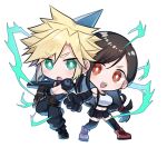  1boy 1girl armor baggy_pants bare_shoulders black_gloves black_hair black_skirt black_thighhighs blonde_hair blue_eyes blush boots breasts brown_hair buster_sword chibi chibi_only clenched_hands cloud_strife commentary_request crop_top earrings elbow_gloves fighting_stance final_fantasy final_fantasy_vii final_fantasy_vii_remake full_body gloves holding holding_sword holding_weapon jewelry large_breasts long_hair low-tied_long_hair miniskirt open_mouth pants pinyata_(pinyaland) red_boots red_eyes short_hair shoulder_armor skirt sleeveless sleeveless_turtleneck standing standing_on_one_leg suspender_skirt suspenders sweater sword tank_top teardrop_earrings thighhighs tifa_lockhart turtleneck turtleneck_sweater weapon white_tank_top zettai_ryouiki 
