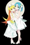  2girls bare_arms bare_shoulders black_border blonde_hair blush_stickers border bow bow_hairband choker collarbone commentary_request crescent crescent_hair_ornament dress elbow_blush expressionless fang flat_chest flipped_hair footwear_bow frilled_bow frilled_choker frills gesugesu_ahoaho green_eyes hair_between_eyes hair_flaps hair_ornament hairband high_heel_sandals high_heels highres holding_hands interlocked_fingers long_dress long_hair looking_at_viewer medium_dress monogatari_(series) multiple_girls ononoki_yotsugi oshino_shinobu parted_bangs pointy_ears ringed_eyes round_border sandals shinigami shoes side-by-side sidelocks simple_background skin_fang sleeveless sleeveless_dress smile star_(symbol) star_hair_ornament strap_slip sundress toes very_long_hair waist_bow watanabe_akio_(style) white_background white_choker white_dress white_hairband white_shoes yellow_eyes 