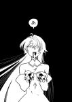  1girl archetype_earth arcueid_brunestud bare_shoulders black_background blood blood_on_face blood_on_hand breasts cleavage commentary_request detached_sleeves dress floating_hair hair_over_one_eye hands_up high_collar long_hair looking_at_viewer metarogu monochrome open_mouth puffy_detached_sleeves puffy_sleeves scene_reference solo spoilers strapless strapless_dress surprised teeth tsukihime tsukihime_(remake) upper_body upper_teeth_only vampire very_long_hair wide-eyed wind 