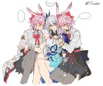  3girls animal_ears blush bow commentary_request dress evanescia_(honkai:_star_rail) fox_ears fox_girl honkai:_star_rail honkai_(series) leggings multiple_girls qiong070809 watermark yao_guang_(honkai:_star_rail) yuri 