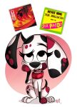 101_dalmatian_street 101_dalmatians absurd_res alternative_fashion canid canine canis cherry choose collar dalmatian disney domestic_dog female feral food fruit fur hi_res human looking_up mammal music pkbr4insh0ck_(artist) plant punk punk_rock solo spots white_body white_fur wisnia_(pkbr4insh0ck)
