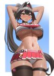  1girl absurdres arms_up bandaid_on_stomach bare_shoulders bay_(nikke) black_hair blush breasts cassette_(pixiv_121455149) cheerleader closed_mouth commentary crop_top dark-skinned_female dark_skin goddess_of_victory:_nikke hair_intakes hair_tie_in_mouth hairband highres large_breasts long_hair mole mole_on_stomach mole_under_mouth mouth_hold multicolored_hair navel panties ponytail red_hair revision single_thighhigh skirt solo star_(symbol) star_sticker sticker sticker_on_face streaked_hair sweat thighhighs thighs tying_hair underboob underwear untranslatable_commentary white_panties 