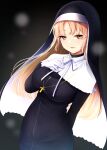  1girl absurdres arm_behind_back black_background black_dress black_veil blonde_hair blurry blurry_foreground bokeh breasts brown_eyes brown_hair capelet commentary cowboy_shot cross cross_necklace depth_of_field dress english_commentary full-length_zipper gloves gold_necklace guimpe half-closed_eyes hand_on_own_chest high_collar highres impossible_clothes impossible_dress jewelry large_breasts light_blush light_smile long_dress long_hair long_sleeves looking_at_viewer minato_yu neck_ribbon necklace nijisanji nun nun_headdress parted_bangs parted_lips ribbon sister_claire sister_claire_(1st_costume) skin_tight solo straight_hair veil virtual_youtuber white_capelet white_gloves white_ribbon wispy_bangs yellow_eyes zipper zipper_dress 