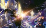 2girls breasts chinese_commentary cleavage cloud cloudy_sky commentary_request dress fibonacci_no_usagi honkai_(series) honkai_impact_3rd kiana_kaslana kiana_kaslana_(herrscher_of_the_void) large_breasts light_particles long_hair looking_at_viewer multiple_girls purple_hair single_wing sirin sky very_long_hair white_dress white_hair wings yellow_eyes 