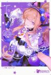  1girl 1other arknights arknights:_endfield blue_dress blue_gloves brown_hair commentary curled_horns demon_girl demon_horns dress earrings gloves hairband heart heart_earrings highres horns jewelry liino_(arknights) long_hair long_sleeves looking_at_viewer multicolored_horns one_eye_closed partially_fingerless_gloves pointy_ears purple_eyes shrug_(clothing) star-shaped_pupils star_(symbol) symbol-shaped_pupils ti_an two-tone_horns untranslatable_commentary white_shrug 