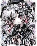  1girl beret black_choker black_coat black_hat choker coat collared_coat commentary falling_petals flower flower-trimmed_sleeves gradient_hair hair_flower hair_ornament hat hat_flower hat_ribbon highres long_sleeves looking_at_viewer mahou_shoujo_no_majo_saiban multicolored_hair neck_ribbon own_hands_together petals pink_eyes pink_hair ribbon sakuraba_ema shirt short_hair sleeveless sleeveless_coat solo tsukihi_shida upper_body white_flower white_hair white_ribbon white_shirt white_sleeves x_hair_ornament 