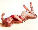  1girl armlet ass bare_shoulders barefoot boruto:_naruto_next_generations boruto_(series) capri_pants ceejles chinese_clothes commentary dress facial_mark forehead_mark hairband haruno_sakura jewelry legs_up looking_at_viewer lying midriff naruto_(series) on_stomach pants pink_hair qipao red_hairband red_shirt shanghai_neckline shirt short_hair sleeveless sleeveless_shirt the_pose untranslatable_commentary white_pants 