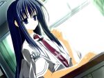  1girl 2000s_(style) black_hair blue_eyes capelet closed_mouth cross cross_print crown_print game_asset hand_on_table indoors kagome_(traumatize) kita_high_school_uniform_(subarashiki_hibi) looking_ahead necktie non-web_source official_art print_necktie red_necktie school_uniform self-datamine solo subarashiki_hibi takashima_zakuro variant_set visual_novel_cg white_capelet 