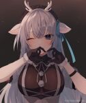  1girl animal_ears antler_ring antlers apron black_background black_bodystocking black_collar black_gloves blue_eyes blue_ribbon bow bowtie breasts collar commentary_request copyright_logo copyright_notice deer_antlers deer_ears deer_girl detached_collar detached_sleeves double-parted_bangs ear_ribbon expressionless frilled_shirt_collar frills fur-trimmed_gloves fur_trim gloves gradient_background hair_between_eyes hakushika_iori hakushika_iori_(1st_costume) heart heart_hands horns light_particles logo long_hair looking_at_viewer maid_apron maid_headdress merchandise_available mousepad_(medium) official_art one_eye_closed ookami_ciro phase_connect pom_pom_(clothes) puffy_short_sleeves puffy_sleeves ribbon short_sleeves sleeveless solo upper_body virtual_youtuber white_apron white_bow white_bowtie white_hair white_horns wristband 