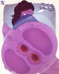 absurd_res against_surface anthro anus blush blush_lines bodily_fluids brown_hair chair clothing deltarune dialogue dinosaur female furniture gaping gaping_anus gaping_vagina genital_fluids genitals hair hair_over_eyes hi_res looking_down low-angle_view on_chair on_glass pony_dreaming prehistoric_species presenting presenting_anus presenting_vulva purple_body purple_scales reptile scales scalie shirt sitting sitting_on_chair smile susie_(deltarune) text topwear translucent undertale_(series) vaginal_fluids vulva