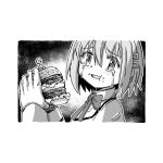  1girl blush bow bowtie bread_bun burger collared_shirt crying eating food food_on_face greyscale hair_ornament hairclip hellfire00001 highres holding holding_burger holding_food i'm_such_a_fool lettuce long_sleeves looking_at_viewer mahou_shoujo_madoka_magica meat miki_sayaka mitakihara_school_uniform monochrome open_mouth outline scene_reference school_uniform shirt short_hair simple_background solo streaming_tears sweater tears upper_body white_background white_outline 
