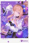  1girl arknights arknights:_endfield blue_dress blue_gloves brown_hair commentary curled_horns demon_girl demon_horns dress earrings gloves hairband heart heart_earrings highres horns jewelry liino_(arknights) long_hair long_sleeves looking_at_viewer multicolored_horns one_eye_closed partially_fingerless_gloves pointy_ears purple_eyes shrug_(clothing) solo star-shaped_pupils star_(symbol) symbol-shaped_pupils ti_an two-tone_horns untranslatable_commentary white_shrug 