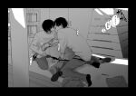  3boys anal black_border border clothes_pull commentary_request fellatio french_kiss futago_to_sensei greyscale group_sex highres indoors kakino_tane0141 kiss male_focus male_penetrated mmm_threesome monochrome multiple_boys oral pants pants_pull shirt speech_bubble spitroast threesome translation_request twitter_username yaoi 