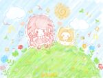  >_< 1girl ahoge animal artist_name black_ribbon blue_flower blue_sky blush_stickers bow bowtie brown_eyes cat chibi chinese_commentary cloak closed_mouth clothed_animal cloud commentary_request dotted_line ear_covers flower frilled_skirt frilled_sleeves frills grass green_flower hair_bow hair_ribbon happy high-waist_skirt highres hill hood hood_up hooded_cloak infinity_nikki long_hair long_sleeves looking_at_viewer low_twintails medium_skirt momo_(nikki) nikki_(nikki) nikki_(series) perfect_start_(infinity_nikki) pink_hair pink_shoes pink_skirt red_flower ribbon shirt shoes sidelocks skirt sky sleeves_past_wrists smile socks solid_oval_eyes sun_symbol traditional_bowtie tress_ribbon twintails very_long_hair whiskers white_bow white_bowtie white_cat white_shirt white_skirt white_socks x_navel yellow_cloak yizhisu 