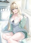  1girl :d bed bed_sheet blanket blonde_hair blue_eyes breasts camisole chinese_commentary commentary_request green_jacket grey_shorts highres indoors jacket long_hair looking_at_viewer on_bed open_mouth original short_shorts shorts sidelocks sitting smile solo thighs tomoo_(tomo) very_long_hair white_camisole 