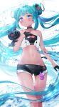  1girl absurdres aqua_hair bare_shoulders black_choker black_gloves black_shorts blue_eyes breasts choker commentary_request double_bun gloves goodsmile_company goodsmile_racing hair_bun half_gloves hand_on_own_chest hatsune_miku highres multicolored_hair navel pink_hair racing_miku racing_miku_(2026) shorts signature small_breasts solo stomach strapless tan tube_top vocaloid water yuurei_shano 
