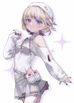  1girl absurdres belt_pouch black_nails blonde_hair blush breasts closed_mouth clothing_cutout commentary_request cowboy_shot highres hololive hololive_dev_is leotard looking_at_viewer multicolored_hair official_alternate_costume pleated_skirt pouch purple_eyes purple_hair shirakabamoga short_hair shoulder_cutout shrug_(clothing) skirt small_breasts smile solo streaked_hair todoroki_hajime todoroki_hajime_(regloss_uniform) two_side_up virtual_youtuber white_leotard white_shrug white_skirt 