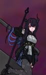  1girl absurdres argyle_clothes argyle_pantyhose asymmetrical_horns asymmetrical_legwear black_hair blue_hair breasts commentary highres holding holding_weapon hololive hololive_english horns long_hair looking_at_viewer miki_3000 nerissa_ravencroft nerissa_ravencroft_(1st_costume) pantyhose polearm red_eyes self-upload smile solo spear thighhighs uneven_horns virtual_youtuber weapon 