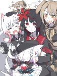  5girls :d ^_^ aiguillette animal_ears armband beret black_choker black_coat black_gloves black_hair black_hat black_jacket black_shirt blonde_hair bow choker closed_eyes coat collared_coat collared_shirt colored_tips commentary_request crossed_arms crown curtained_hair diamond_hair_ornament epaulettes fang flower gloves gradient_hair hair_bow hair_flower hair_ornament hasumi_leia hat hat_flower high_collar highres hug jacket jacket_partially_removed jogasaki_noah kemonomimi_mode kurobe_nanoka long_hair long_sleeves mahou_shoujo_no_majo_saiban mini_crown mirufu multi-tied_hair multicolored_hair multiple_girls neck_ribbon necktie nikaido_hiro off_shoulder pink_hair polka_dot polka_dot_bow red_armband red_eyes red_flower red_necktie ribbon sakuraba_ema sash shirt short_hair shoulder_sash simple_background skin_fang sleeveless sleeveless_coat smile streaked_hair tail white_background white_flower white_gloves white_hair white_ribbon white_shirt white_sleeves x_hair_ornament yellow_eyes yuri 