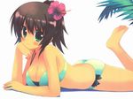  barefoot bikini black_hair breasts cleavage copyright_request flower hair_flower hair_ornament hibiscus kiba_satoshi medium_breasts ponytail solo swimsuit 