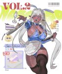  1girl absurdres animal_ear_hairband animal_ears apron bebiya_(vtuber) blue_eyes blue_tongue breasts cleavage clumsy colored_tongue commentary fake_animal_ears hairband highleg highleg_leotard highres indie_virtual_youtuber large_breasts leotard maid maid_apron maid_headdress maid_leotard mayak666 playboy_bunny pointy_ears rabbit_ear_hairband rabbit_ears thighhighs unconventional_maid virtual_youtuber 