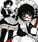  2girls apron black_hair black_thighhighs broom brown_eyes chinese_commentary chrollo_lucilfer commentary_request genderswap genderswap_(mtf) glasses highres holding holding_broom hunter_x_hunter kneehighs maid_apron maid_headdress multiple_girls red-framed_eyewear shizuku_murasaki simple_background socks thighhighs weibo_2241533964 