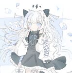  1girl 20tk_5 animal_ears arcaea asymmetrical_legwear bare_shoulders black_dress black_gloves blue_eyes blush_stickers cat_ears choker closed_mouth commentary_request cowboy_shot cross-laced_clothes cross-laced_sleeves dress fake_animal_ears fishnet_pantyhose fishnets frilled_choker frilled_dress frills gloves highres jacket jacket_partially_removed looking_at_viewer off_shoulder pantyhose single_leg_pantyhose sleeveless sleeveless_dress solo white_background white_hair 