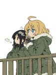  2girls absurdres against_railing ahoge black_eyes black_gloves black_hair blue_eyes chinese_commentary chito_(shoujo_shuumatsu_ryokou) coat commentary_request cup disposable_coffee_cup disposable_cup drinking gloves green_coat highres long_sleeves multiple_girls railing shoujo_shuumatsu_ryokou simple_background steam thyme_sunsunsun white_background yuuri_(shoujo_shuumatsu_ryokou) 